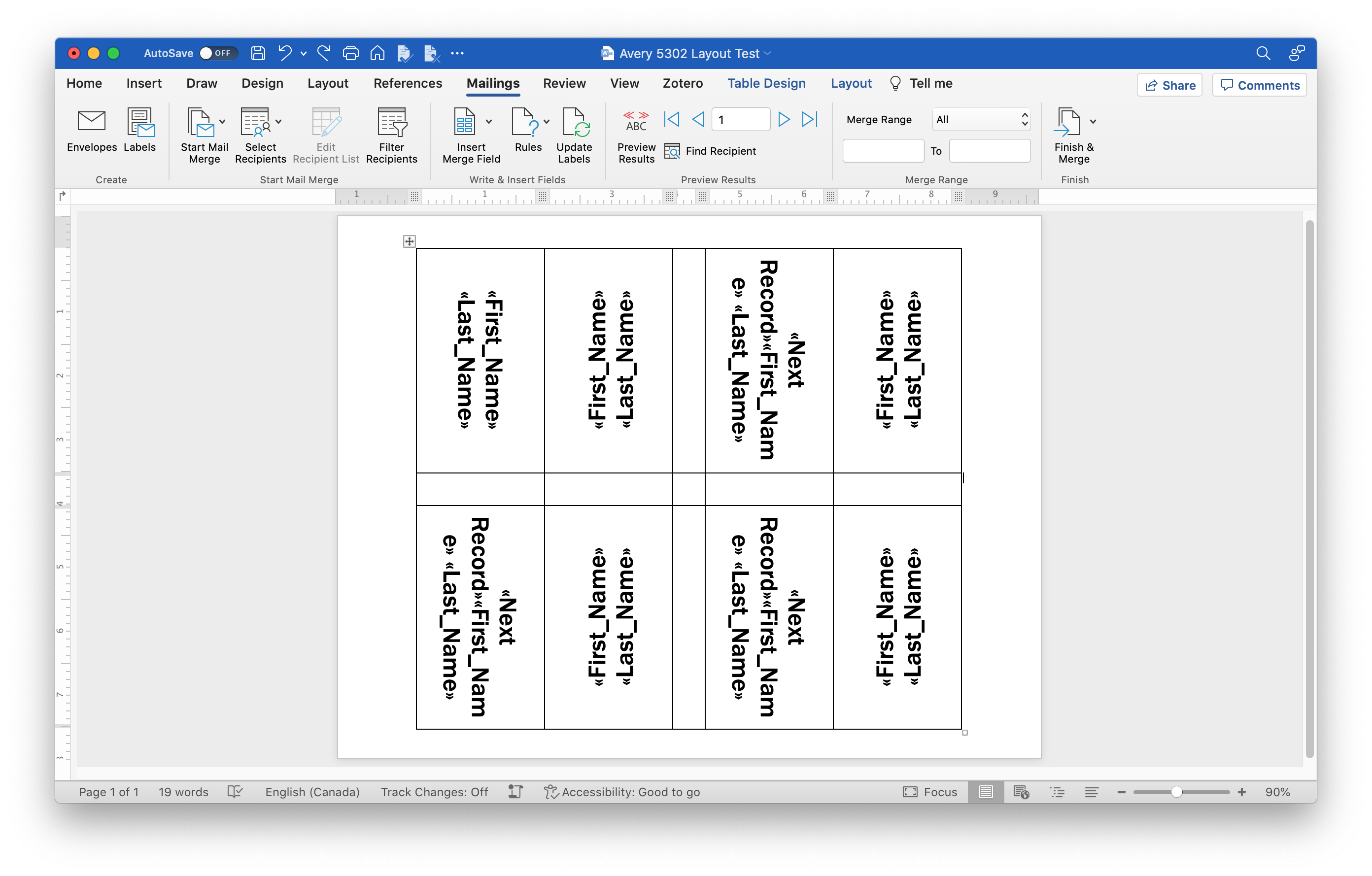 Microsoft Word application window showing the merge tag layout for Avery 5302